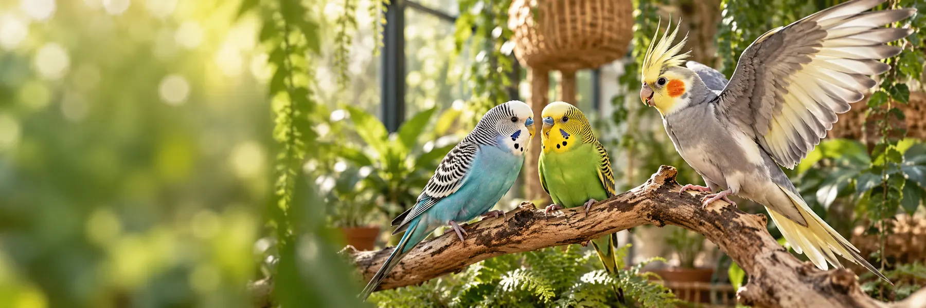 Budgerigars and a cockatiel socializing in a sunlit conservatory