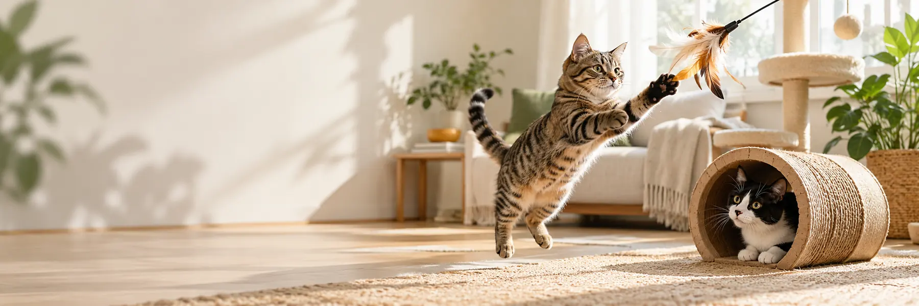 Two cats playing with enrichment toys in a bright home