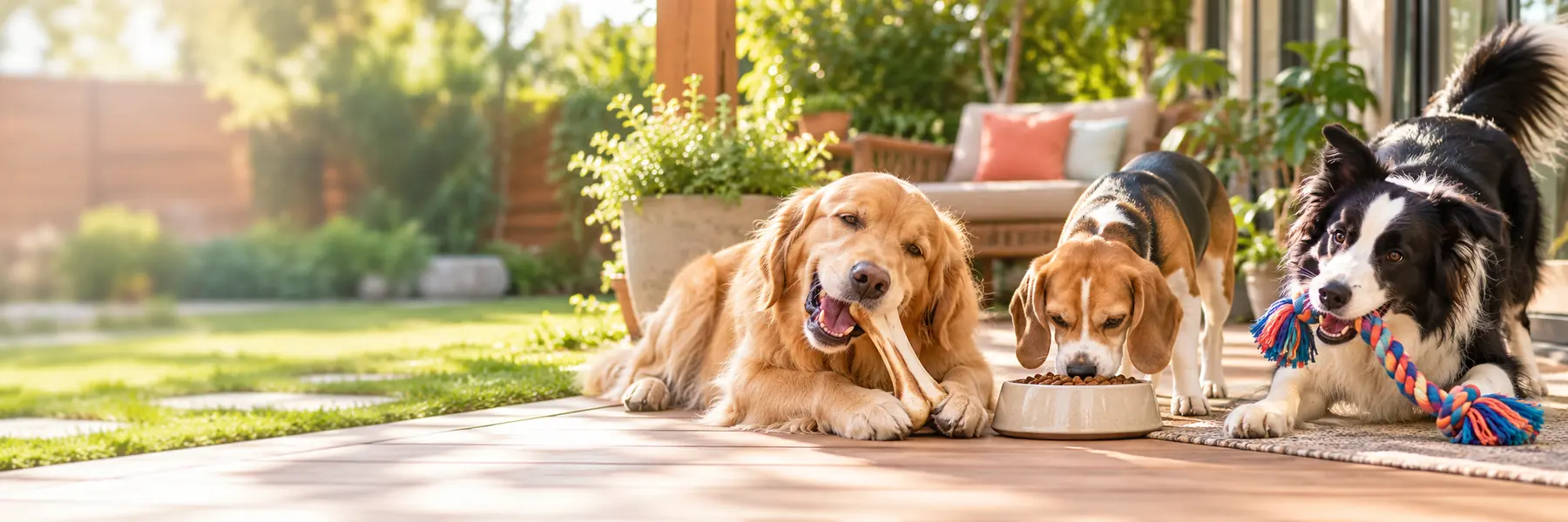 Three dogs eating, chewing and playing together on a sunny patio