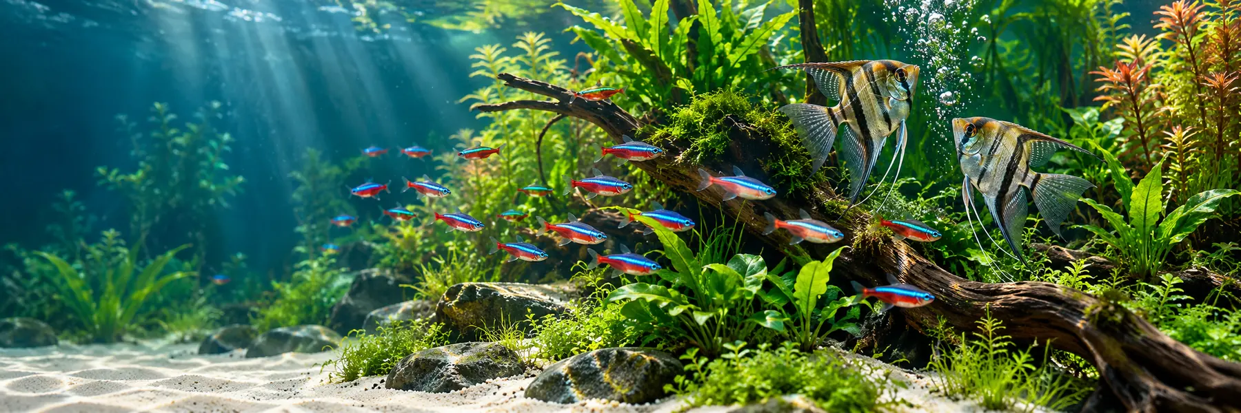 Tropical fish swimming through a bright planted freshwater aquarium