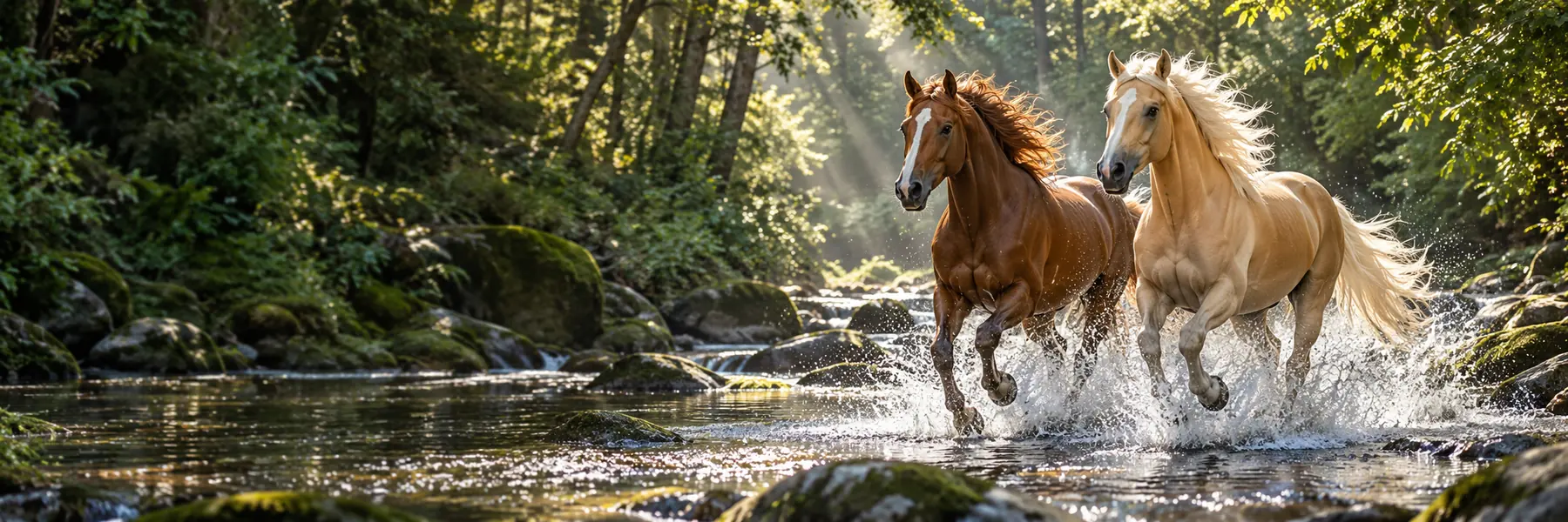 Two horses running through a sunlit woodland stream