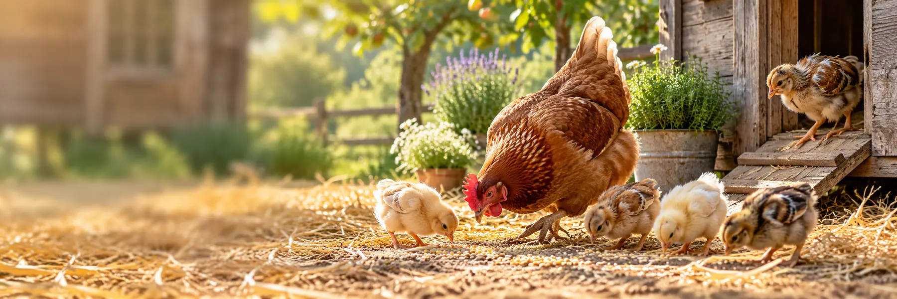 Free-range hen and chicks foraging beside a wooden coop