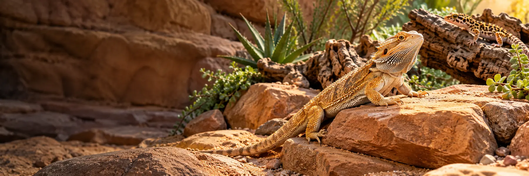 Bearded dragon and leopard gecko exploring a naturalistic habitat