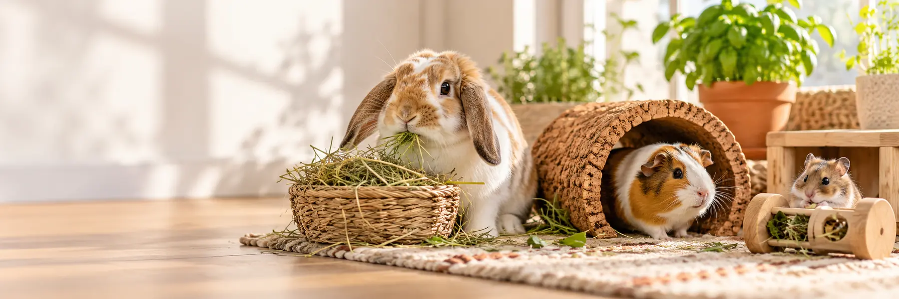 Rabbit, guinea pig and hamster exploring an enriching play area