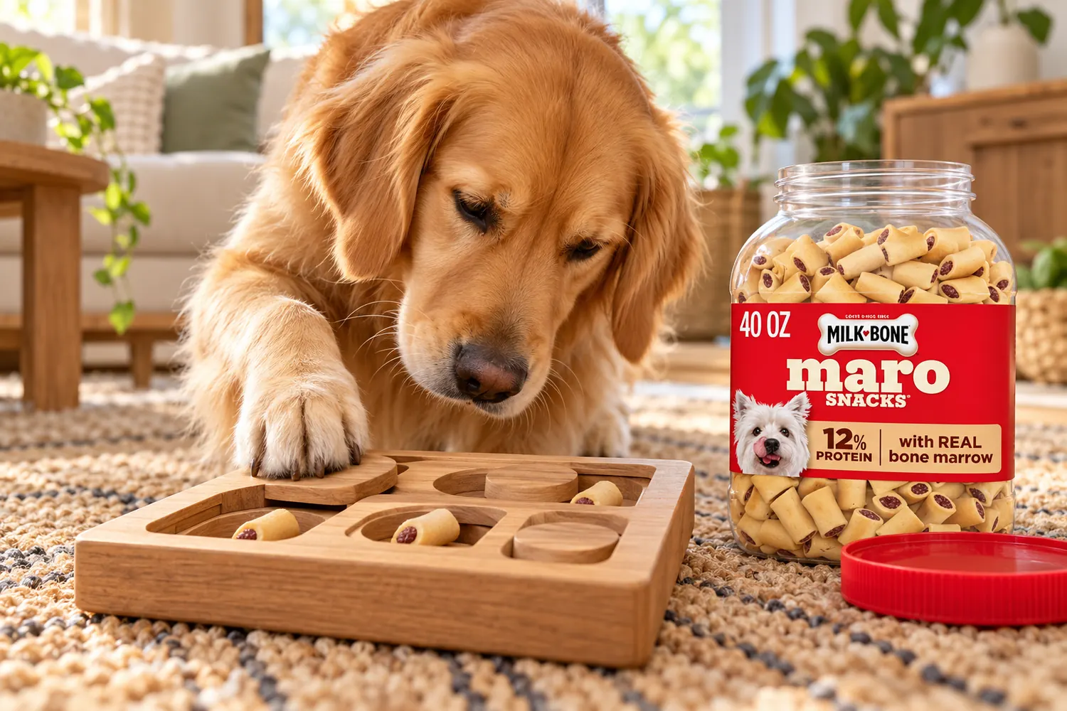 Golden retriever enjoying supervised puzzle play with Milk-Bone MaroSnacks
