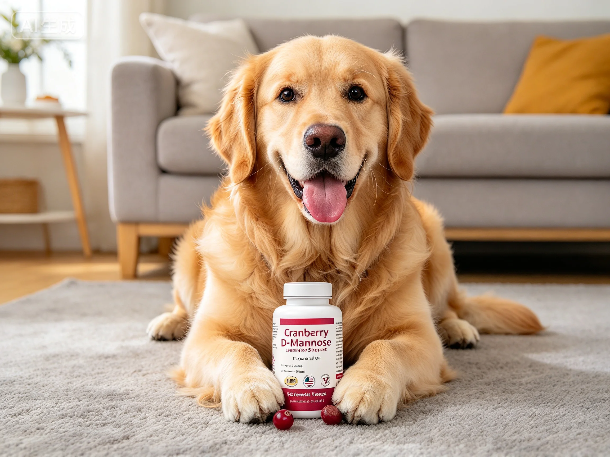 Cranberry D-Mannose Urinary Support Tablets shown in pet use scene 1