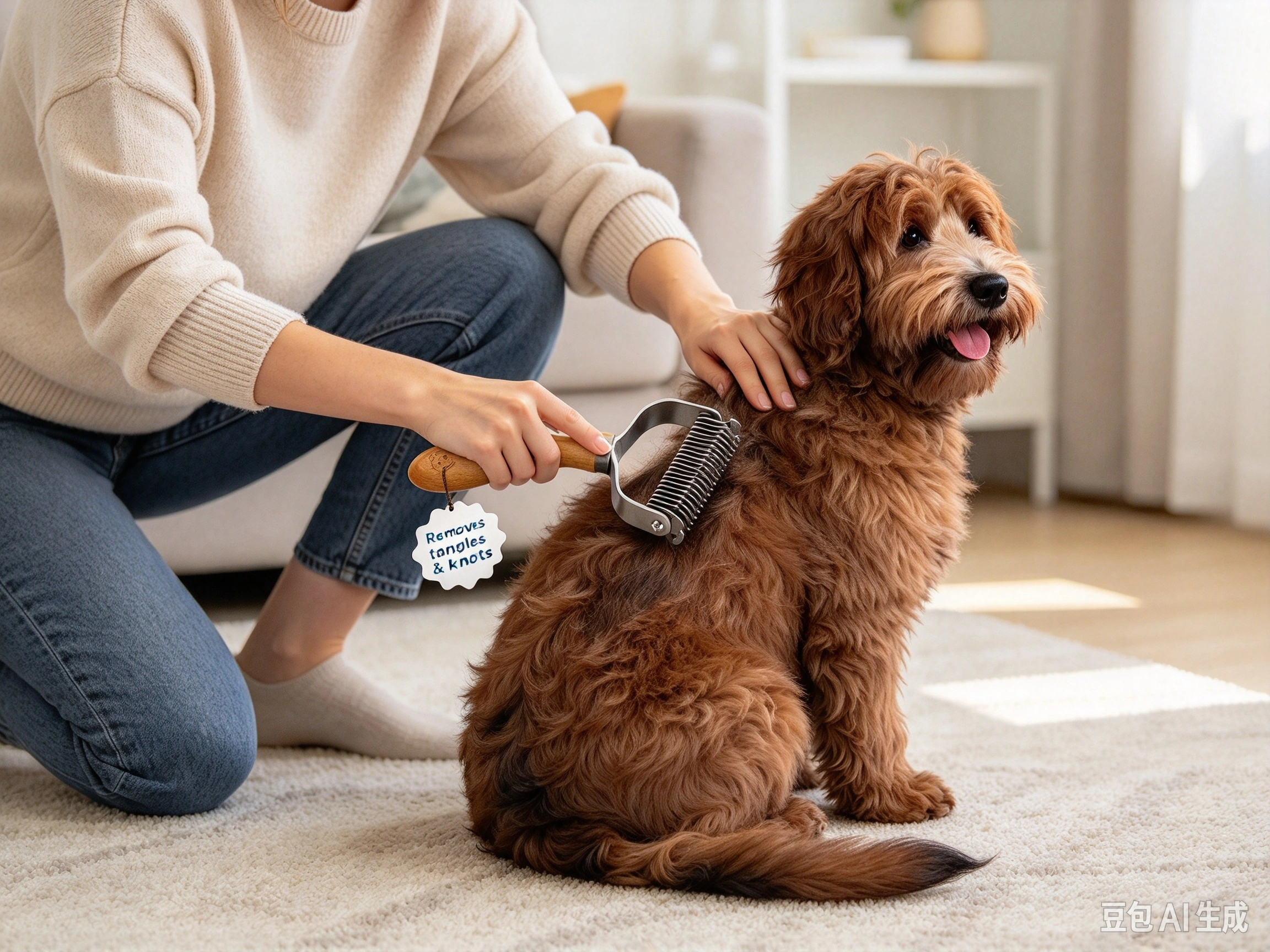 Dog Dematting Comb and Undercoat Rake shown in pet use scene 1