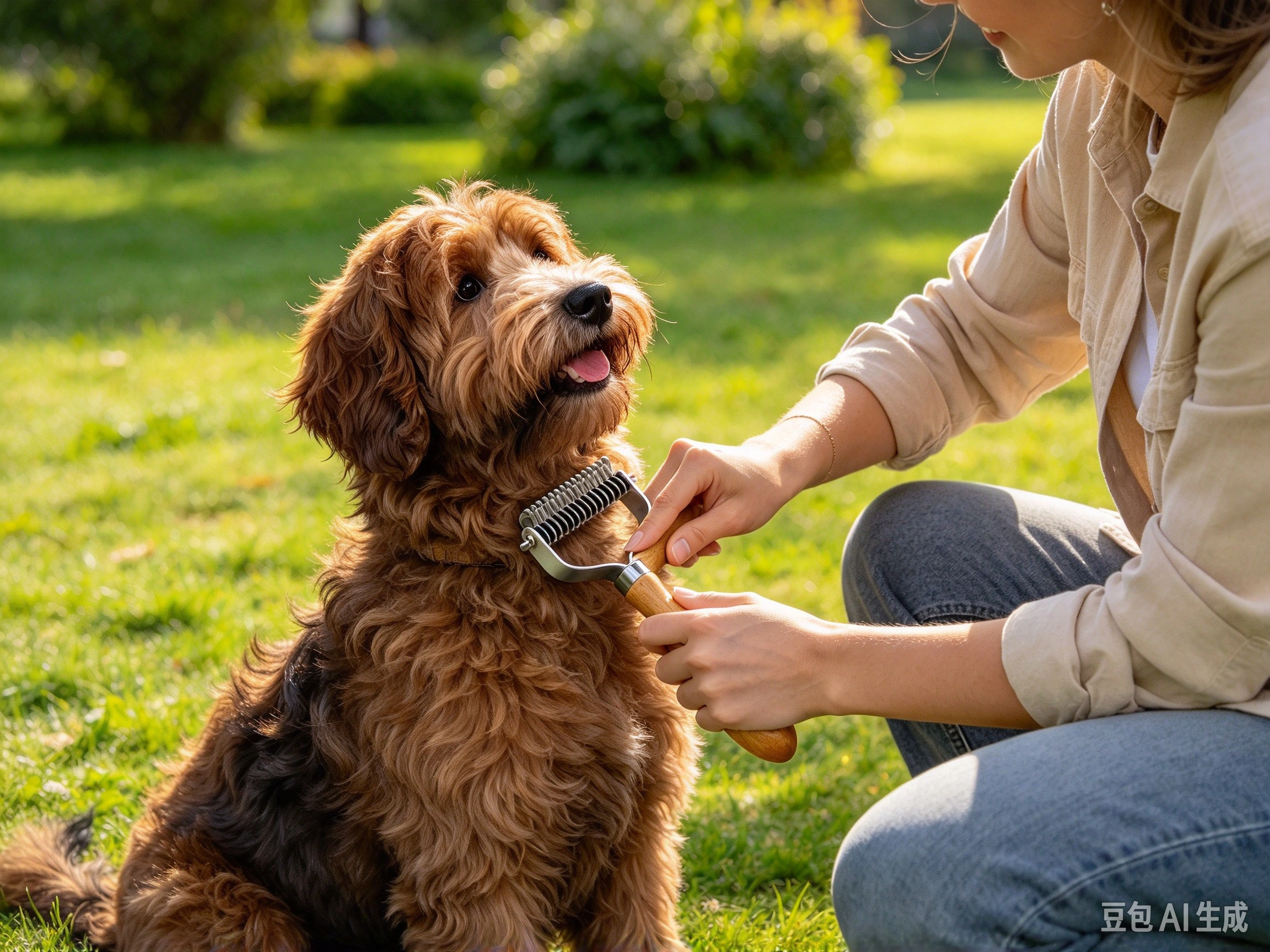 Dog Dematting Comb and Undercoat Rake shown in pet use scene 2