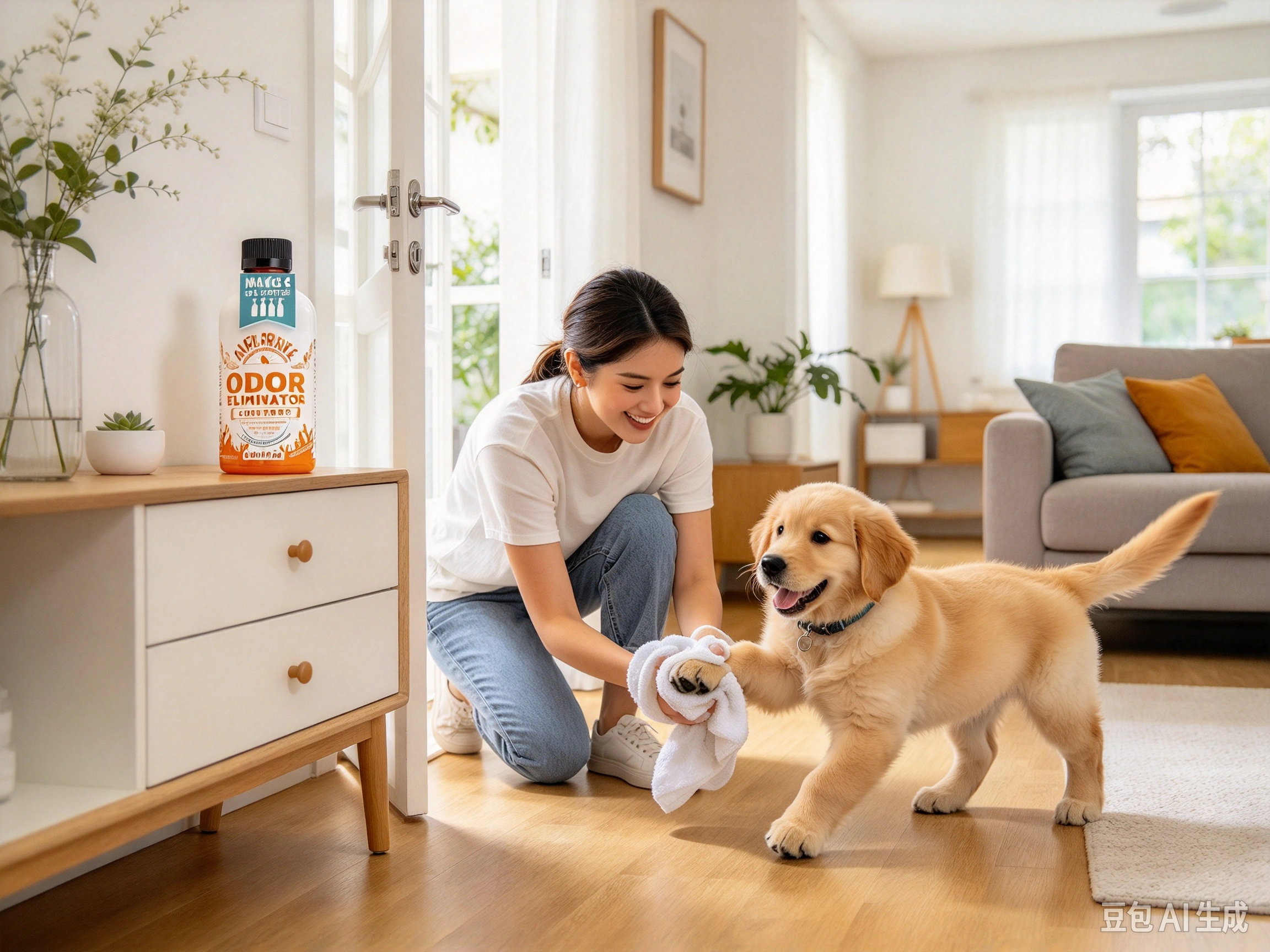 Angry Orange Pet Odor Eliminator Concentrate shown in pet use scene 1