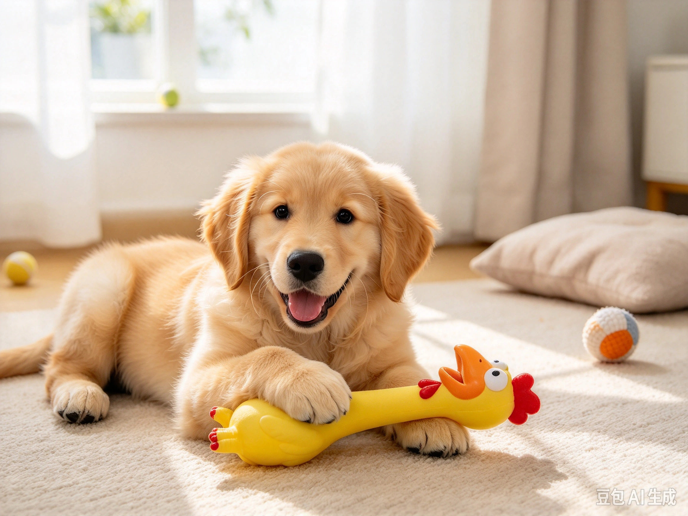 Hungdao Latex Squeaky Chicken Horse Toy shown in pet use scene 1